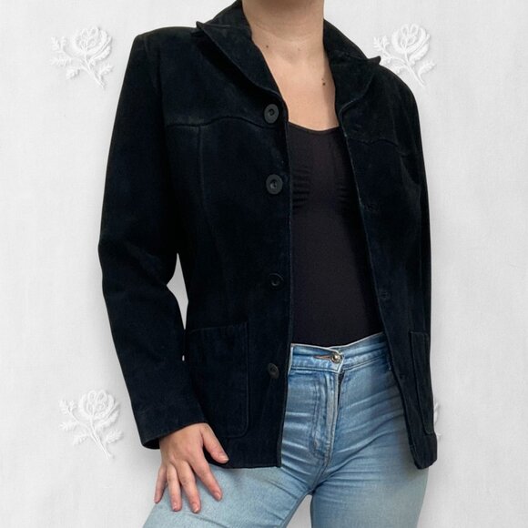 NY & Co Vintage Black Suede Tailored Button Up Elegant Boho Leather Jacket S - Picture 1 of 7